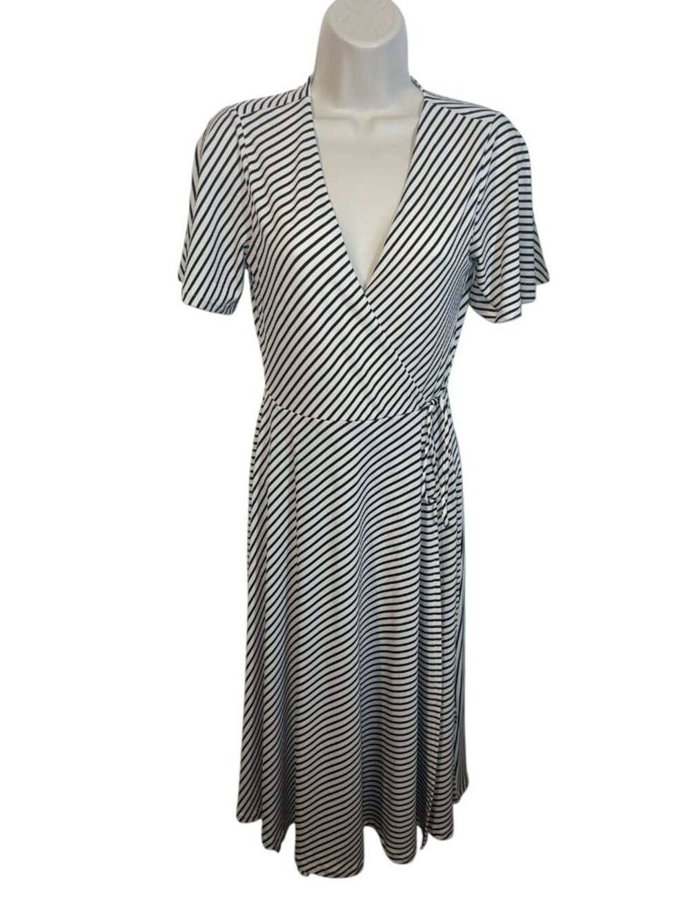 H&M Women's Size XS Black White Striped Midi Dress Faux Wrap
